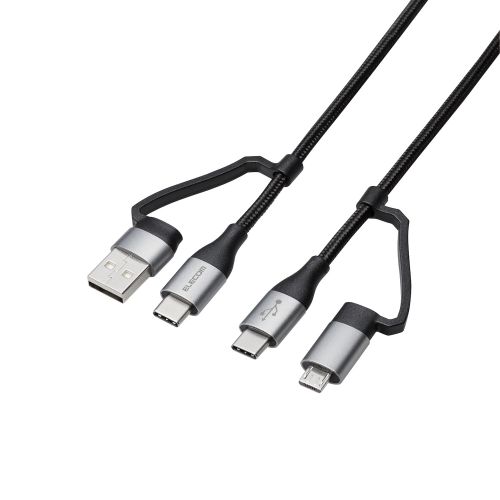 4in1 USBケーブル/USB-A+USB-C/Micro-B+USB-C/USB Power Delivery対応/2.0m/ブラック