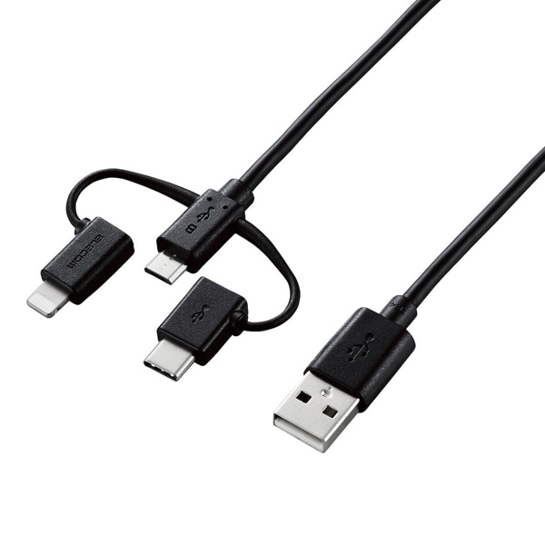 スマートフォン用USBケーブル/3in1/microUSB+Type-C+Lightning/1.2m/ブラック