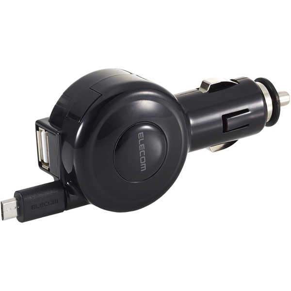 シガーチャージャー/microBリール65cm+USBポート/2.4A/ブラック