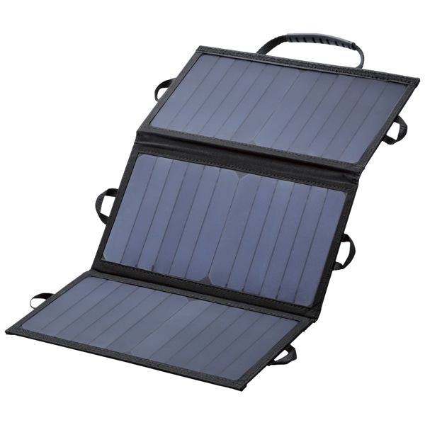 モバイルソーラー充電器/2.4A出力/USB-Aメス2ポート/おまかせ充電搭載/micro-Bケーブル同梱/Type-C変換アダプタ付属/ブラック