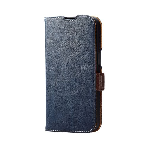 iPhone 15用レザーケース/手帳型/耐衝撃/磁石付き/ステッチ/ネイビー