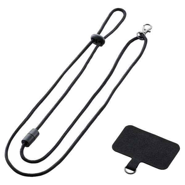 外付けストラップホール/挟み込みシート/スマホ用/ネックストラップ付き/ブラック