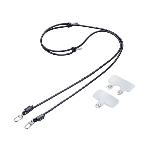 スマホショルダーストラップ/ストラップホールシート付属(1口タイプ×1枚/2口タイプ×1枚)/レザー/丸紐4mm/ブラック