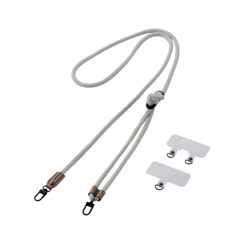 スマホショルダーストラップ/ストラップホールシート付属(1口タイプ×1枚/2口タイプ×1枚)/丸紐タイプ/6mm/ライトグレー