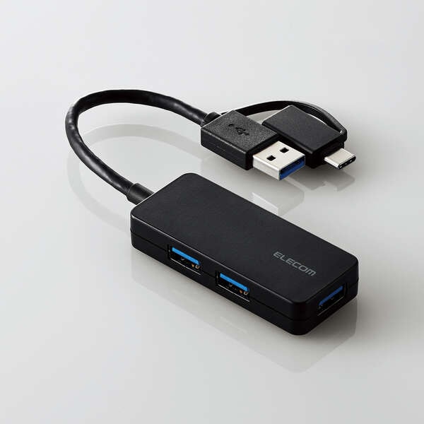 USB HUB/USB5Gbps/Type-C変換アダプタ付き/ケーブル固定/バスパワー/3ポート/ブラック