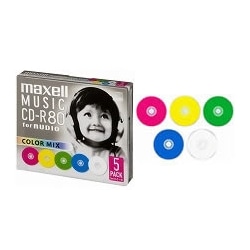 音楽用CD-R、録音時間80分、カラーレーベル、5枚パック、1枚ずつプラケース入り