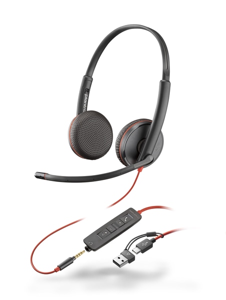 Poly Blackwire 3225 USB-C+USB-A 変換アダプタ付 両耳 有線モデル ノイズキャンセリングマイク搭載 レザレットイヤークッション 3.5mmジャック対応