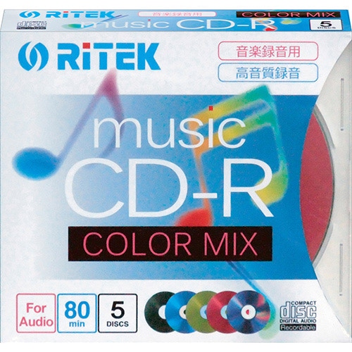 RiTEK 音楽用CD-R 80分 5枚パックカラーミックス スリムケース入り