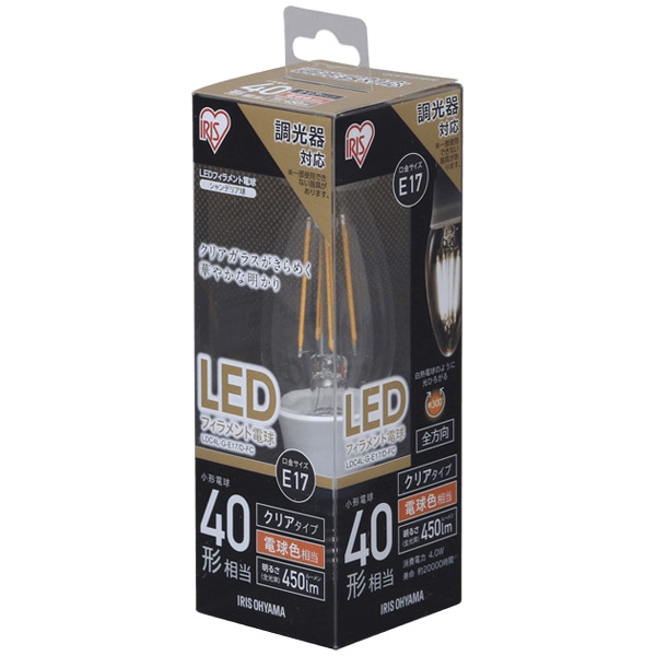 LEDフィラメント電球 E17 40形相当 電球色 調光クリア