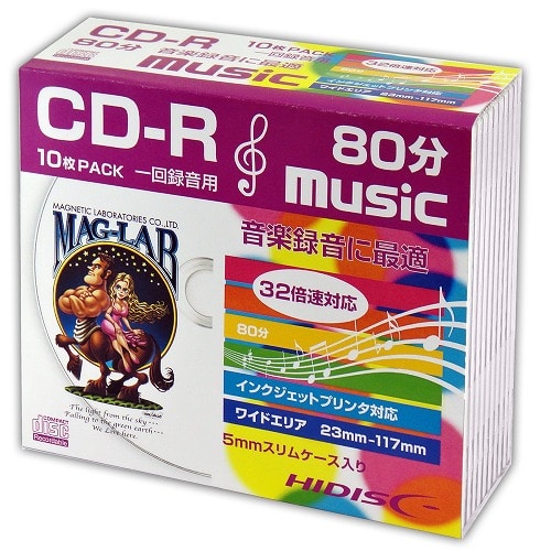 HIDISC 音楽用CD-R 700MB 32倍速 インクジェットプリンタ対応 スリムケース10枚
