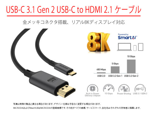 8K 60Hzディスプレイ対応 USB-C to HDMI2.1ケーブル（金メッキコネクタ付き）、1.8M