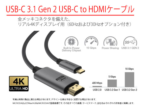 4K 60Hzディスプレイ対応 USB-C to HDMI2.1ケーブル（金メッキコネクタ付き）、2.0M