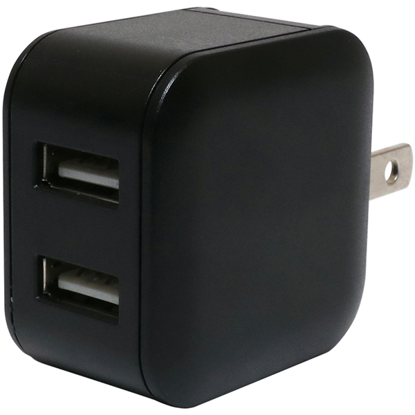 USB-ACアダプタ 薄型 2ポート 自動出力制御IC搭載 ブラック