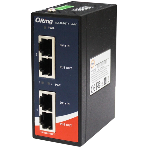 産業用ハイパワープラスギガビットPoE++インジェクタ  12 ~ 57VDC入力対応 2ポート