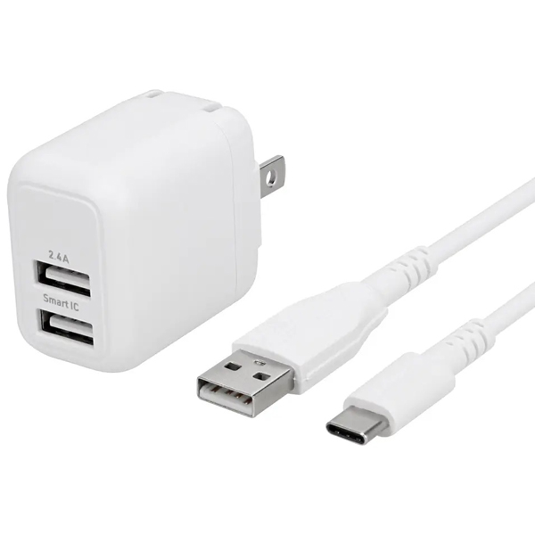 柔らかくて断線に強いUSB Type-Cケーブル付属AC充電器とType-A to Type-Cケーブルの楽々安心セット 1.2m ホワイト 製品サイズ約27(W)×43(D)×40(H)mm