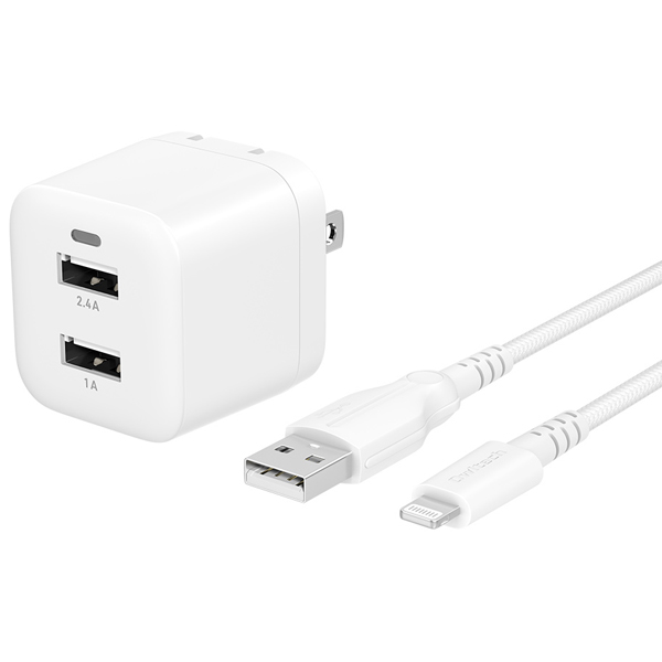 25万回以上の屈曲試験に耐えるLightningケーブル同梱 超タフケーブル＆AC充電器のセット 1.5m ホワイト 製品サイズ約37(W)×39(D)×39(H)mm