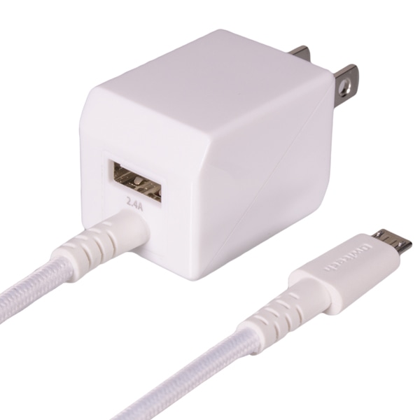 高い耐性を誇る新素材のアラミド繊維を採用した超タフmicroUSBケーブル 一体型AC充電器 ホワイト