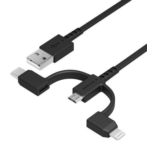 スマートフォン用USBケーブル/3in1/microUSB+Lightning+Type-C/MFi認証/両引き巻き取り式/断線に強い/1m/ブラック