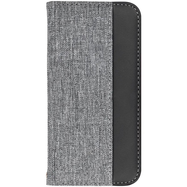 iPhone 14 Pro専用 帆布とPUレザーを縦に合わせたデザイン ファブリック素材＋PUレザー手帳型ケース グレー×ブラック 製品サイズ約79.5(W)×19.5(D)×153(H)mm