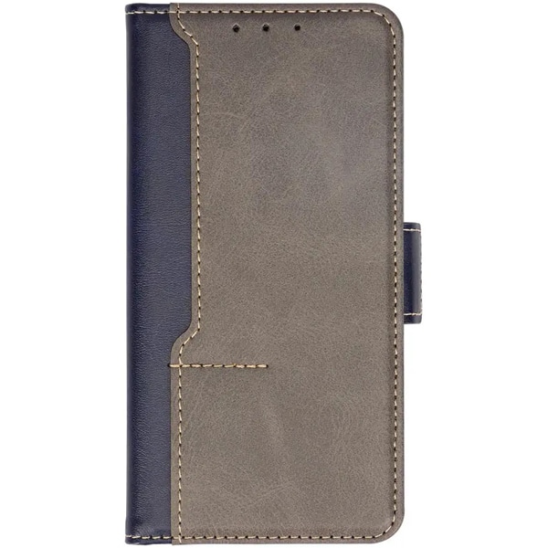 iPhone 14 Pro専用 エレガントな大人のデザイン シックなバイカラーデザインのPUレザー手帳型ケース ネイビー×グレー 製品サイズ約83(W)×21(D)×151.5(H)mm