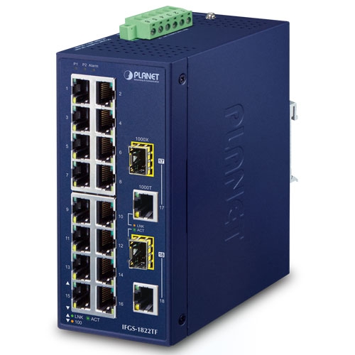 産業用 16ポート100TX + 2ポートギガビットTP/SFPコンボ イーサネットスイッチ