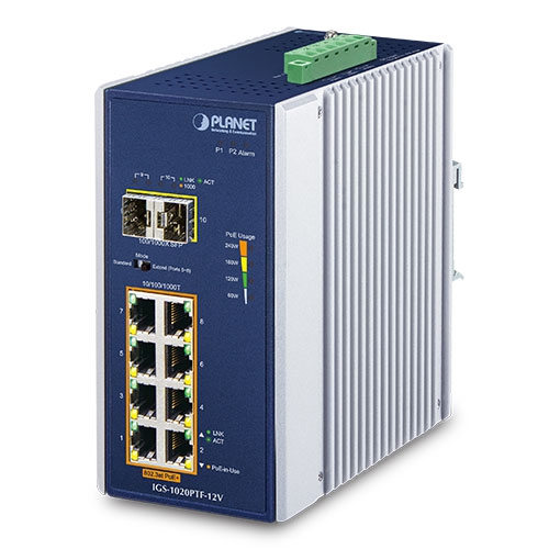 産業用 8ポート10/100/1000T 802.3at PoE + 2ポート100/1000X SFP イーサネットスイッチ 12Vブースター