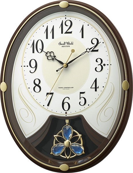 電波時計 掛け時計 6曲入り クリスタル飾り振り子付き 36.5x28.5cm スモールワールドリリィN ブラウン