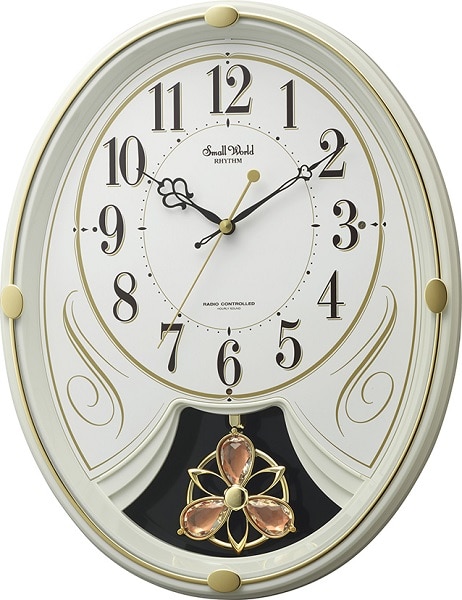 電波時計 掛け時計 6曲入り クリスタル飾り振り子付き 36.5x28.5cm スモールワールドリリィN アイボリー
