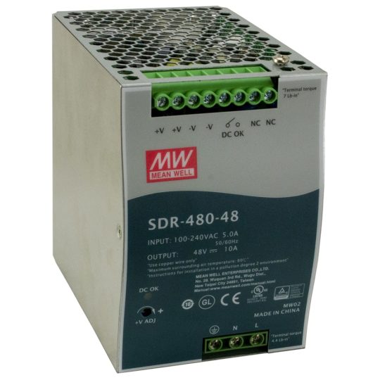 産業用電源 （出力電圧DC48V～55V、入力範囲AC88～264V、最大電力480W）、動作温度-25℃～+70℃