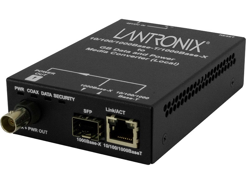 同軸イーサネット・エクステンダ ローカル側(1ポート）10/100/1000BaseT RJ-45 または（1スロット）コンボ100/1000Base-X SFP⇔(1ポート）1000Base BNC PoE+給電