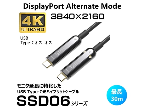 DP Alt Mode対応、映像音声転送/USB Type-C光ハイブリッド延長ケーブル 15m