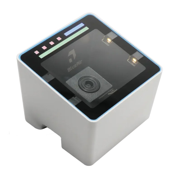 BlueAir eTicket 定置式2次元コードリーダー 有線 / 無線 USB接続 Bluetooth IP52対応ブルーラバーフレーム装着モデル バッテリ搭載