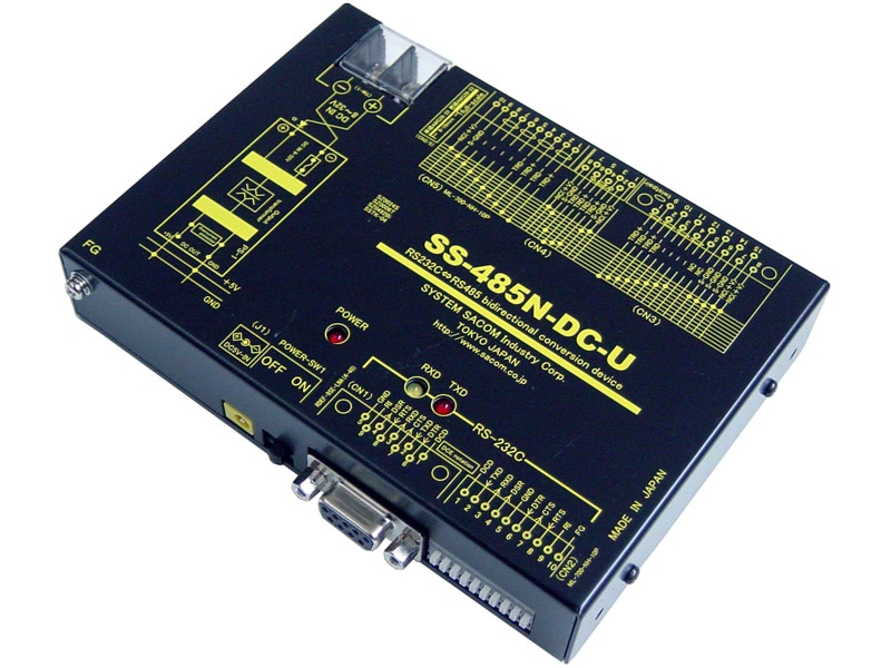 RS232C⇔RS485変換器（DC10～32V仕様）【両側複数コネクタ搭載】【RJ45搭載で自機同士をLANケーブルで接続可能】Dsub9P/端子台10P⇔Dsub15P/端子台10P/RJ45