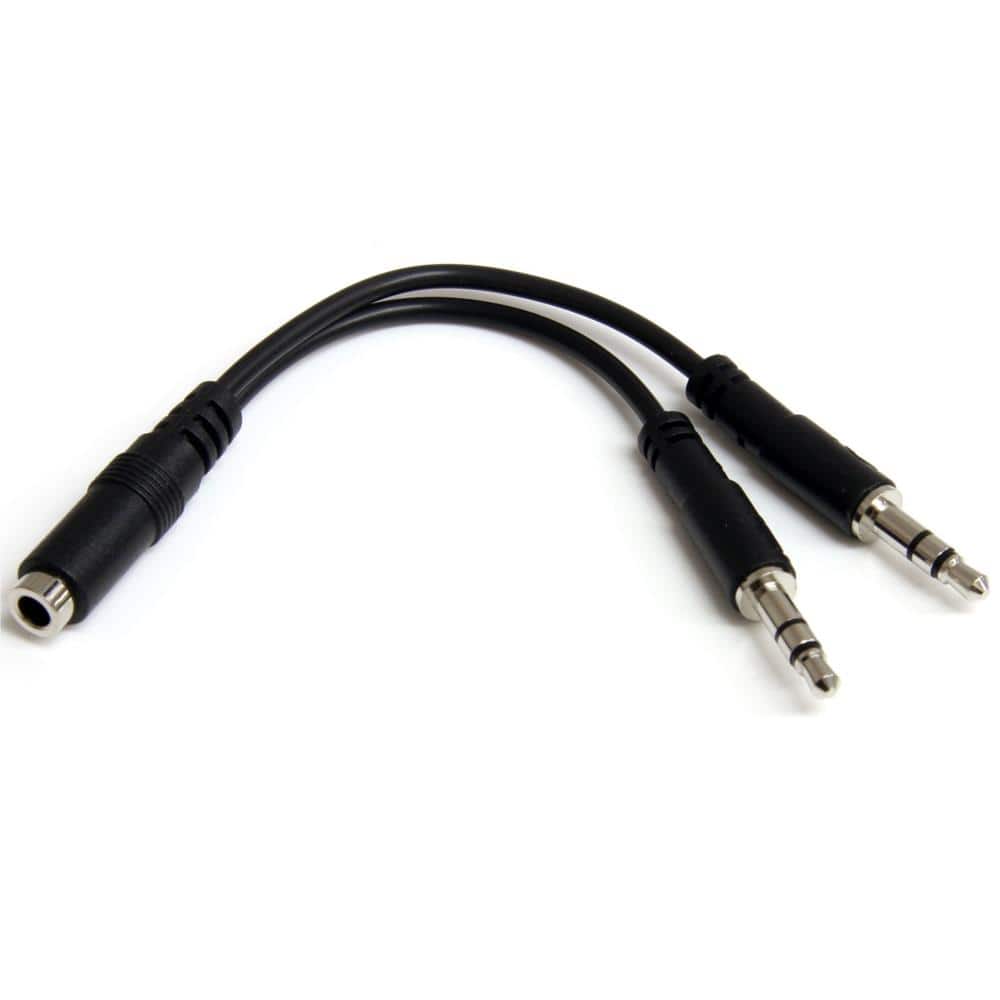 3.5mm4極ステレオミニプラグ用オーディオ・マイク分岐ケーブル　4極ステレオミニジャック(メス) x1－3極ステレオミニプラグ(オス) x2 分配ケーブル　ブラック　保証期間： 永久保証