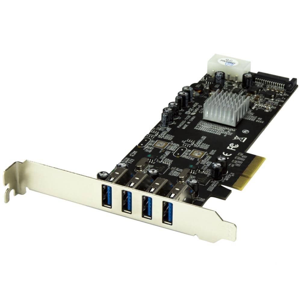SuperSpeed USB 3.0 4ポート増設PCI Express/ PCIe x4 インターフェースカード　2個の専用5Gbpsチャネル　UASP対応　SATA(15ピン) / ペリフェラル(4ピン) 電源端子付き　保証期間： 2年間