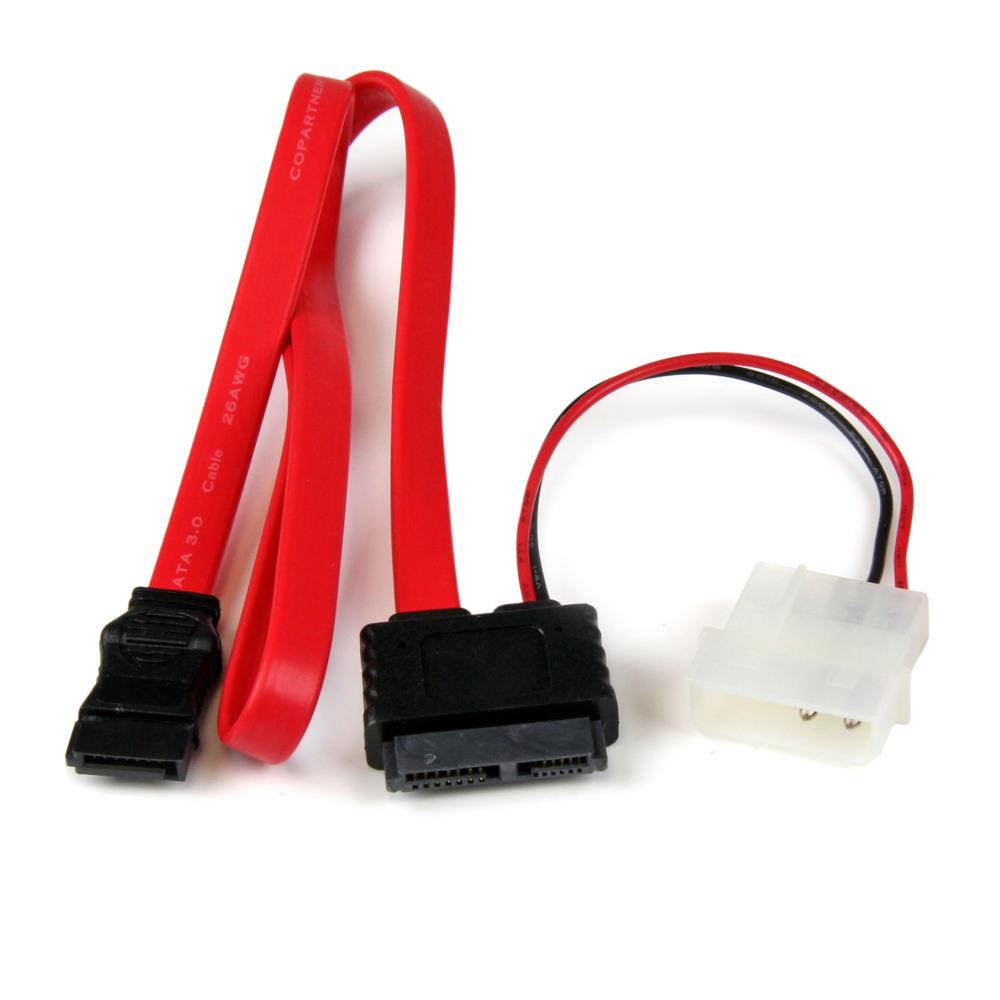 50cm Slimline SATA変換ケーブル　1x SlimlineシリアルATA 7+6 ピン - 1x ペリフェラル電源 4ピン オス & 1x SATA 7ピン　保証期間： 永久保証