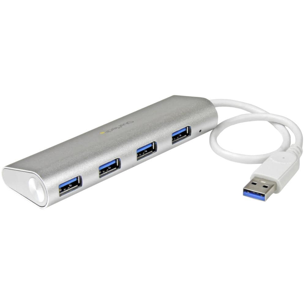 4ポート ポータブル USB3.0ハブ (ケーブル内蔵)　1x USB A (オス) - 4x USB 3.0 A (メス)　シルバー＆ホワイト　保証期間： 2年間