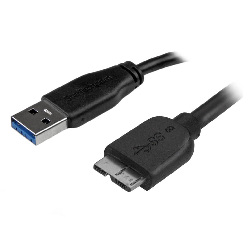 SuperSpeed USB 3.0 A - Micro B スリムケーブル　A オス - マイクロB オス　3m　ブラック　保証期間： 永久保証