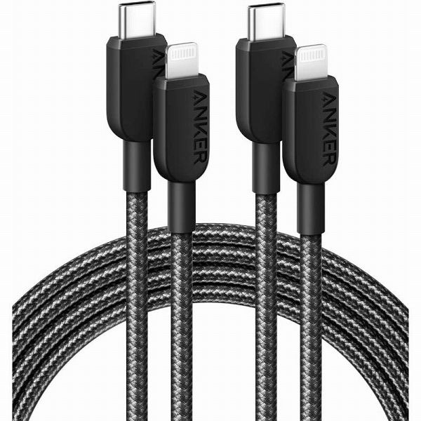 Anker 310 高耐久ナイロン USB-C to Lightning Cable Two Pack (Braided 6ft) (ブラック)