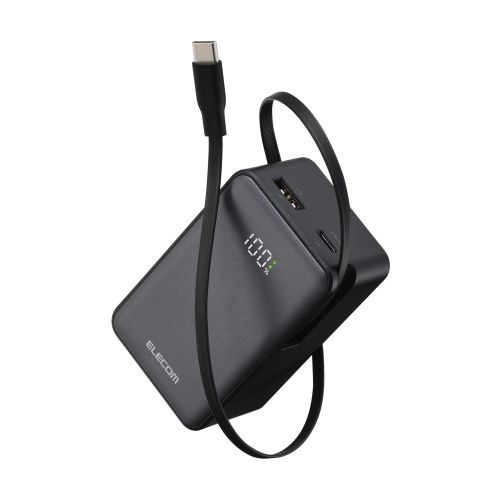 モバイルバッテリー/リチウムイオン電池/巻取り式ケーブル一体/残量表示/35W/10000mAh/USB-Cケーブル/USB-C/USB-A/ブラック