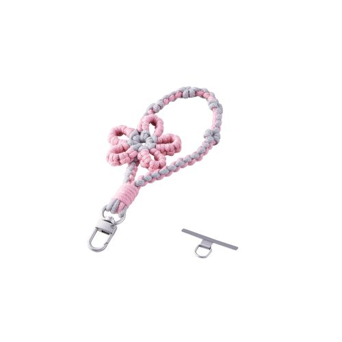 スマホハンドストラップ/ストラップホールシート付属/編み物/花形/ピンク