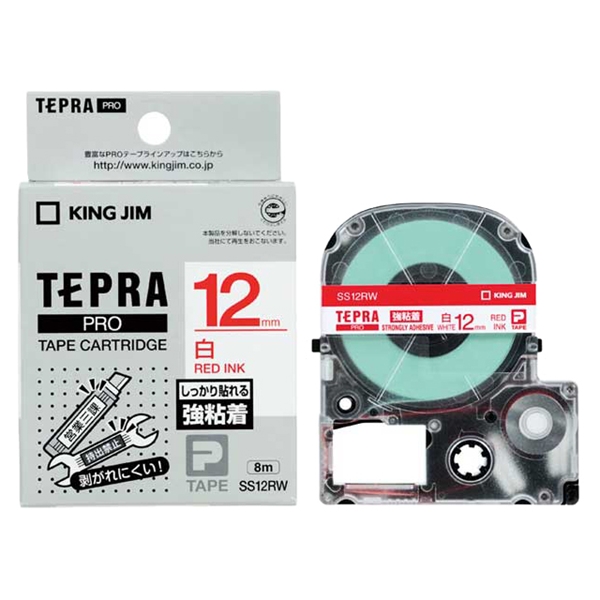 テプラPROテープカートリッジ 強粘着ラベル 白テープ/赤文字 12mm