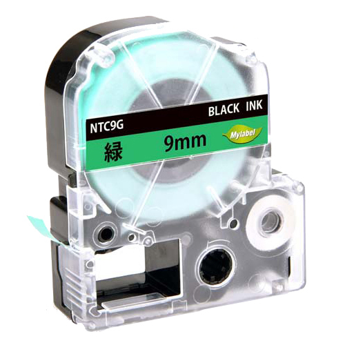 テプラ互換ラベルカートリッジ　9mm 黒文字緑テープ