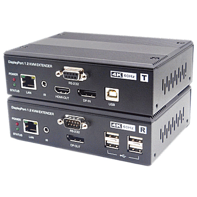 LANケーブル、光ケーブル両用/DisplayPortモニタ、キーボード、マウスを最大20km延長/1：1、複数：複数の接続が可能なDPモニタエクステンダー送受信器セット
