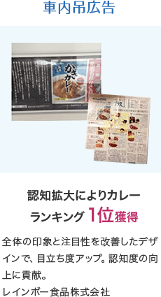 車内吊広告 認知拡大によりカレーランキング1位獲得 全体の印象と注目性を改善したデザインで、目立ち度アップ。認知度の向上に貢献。レインボー食品株式会社