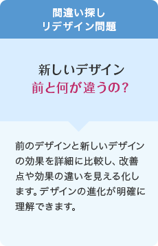 間違い探しリデザイン問題 新しいデザイン前と何が違うの? 前のデザインと新しいデザインの効果を詳細に比較し、改善点や効果の違いを見える化します。デザインの進化が明確に理解できます。