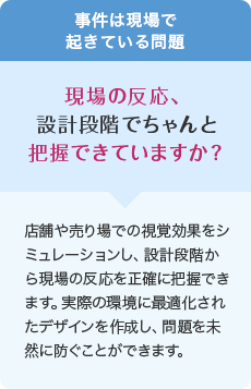 事件は現場で起きている問題 現場の反応、設計段階でちゃんと把握できていますか? 店舗や売り場での視覚効果をシミュレーションし、設計段階から現場の反応を正確に把握できます。実際の環境に最適化されたデザインを作成し、問題を未然に防ぐことができます。